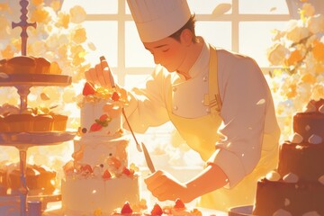 The pastry chef decorates a beautiful and delicious looking cake