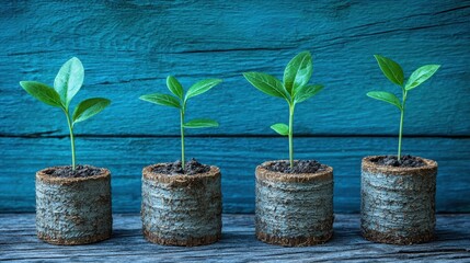 Four small potted plants are sitting on a wooden table