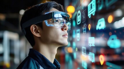 Asian male engineer wearing ar glasses controlling logistics and delivery transportation in a futuristic digital interface using augmented reality and virtual reality technology