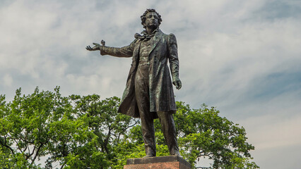 Monument to Alexander Pushkin timelapse hyperlapse on Ploshchad Iskusstv Arts Square in...