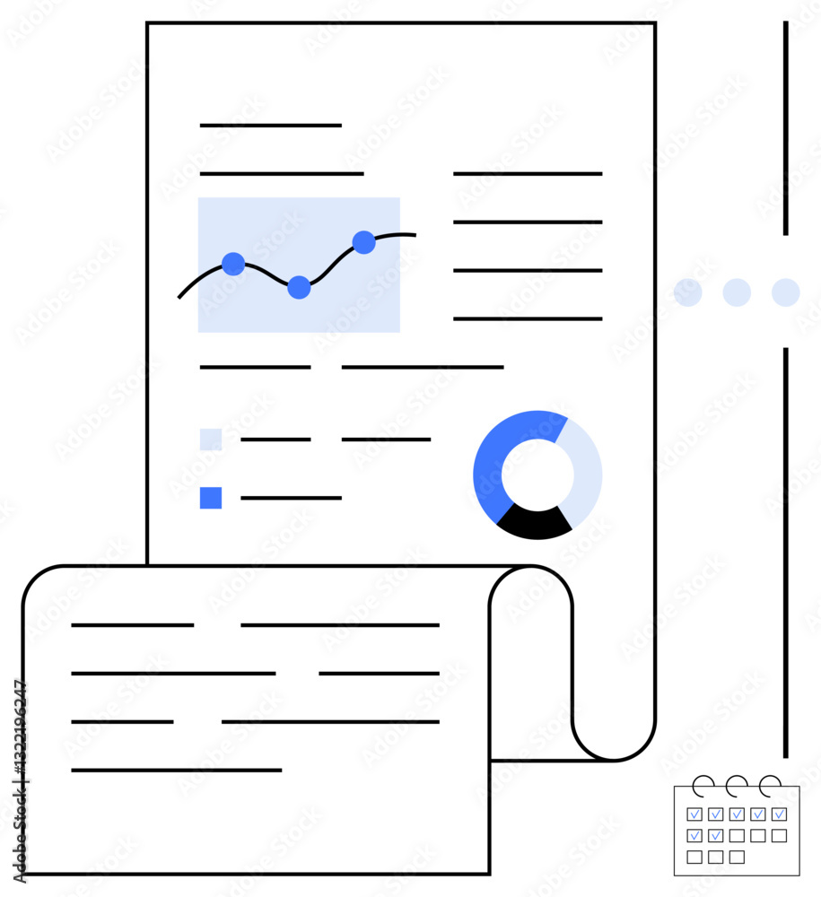 Poster business document featuring a line graph, pie chart, and text columns, accompanied by a small calend
