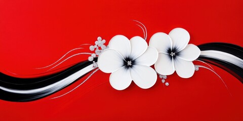 Sophisticated red oil painting with rich textured brushstrokes and delicate platinum floral line art.