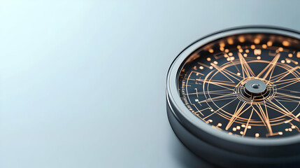 3D Rendered Metallic Silver Compass With Glowing Orange Lines On A Smooth Gradient Background Symbolizing Navigation