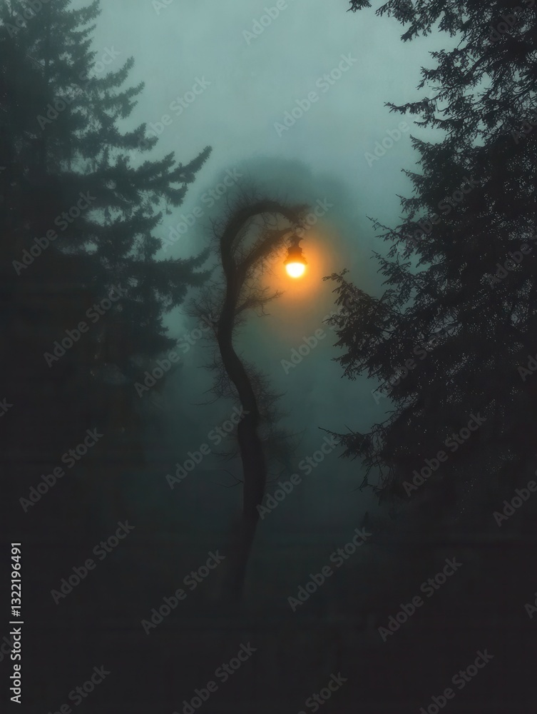 Aufkleber misty forest at dusk illuminated by a distant street lamp surrounded by twisted trees and eerie fog