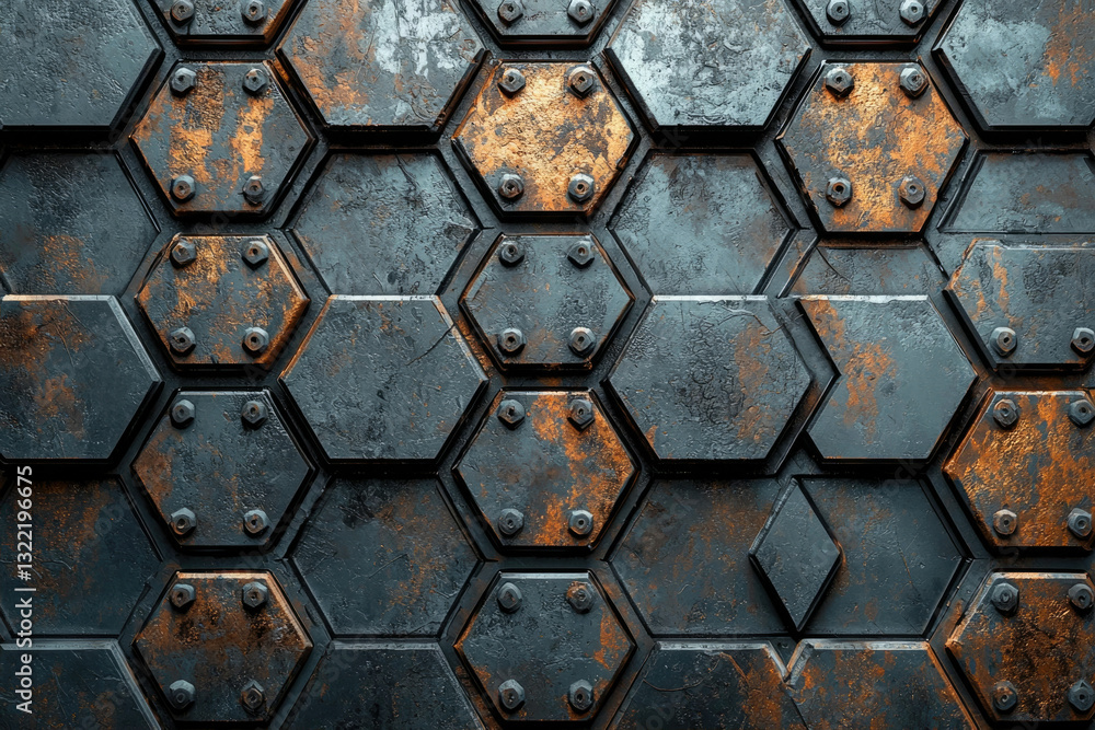 Poster rusty hexagonal metal plates form a textured background, showing industrial design and grunge aesthe