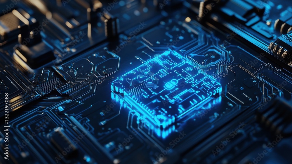 Poster endpoint security concept in cybersecurity: blue micro scheme symbolizing complex digital network co
