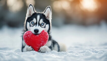 Naklejka premium Adorable Siberian Husky puppy with striking blue eyes gently cradles a red heart-shaped toy in a snowy winter scene. Warm sunlight filters through the background