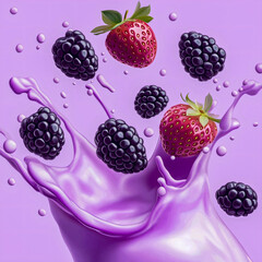 Berries and cream splash in vibrant purple background creating dynamic visual effect 