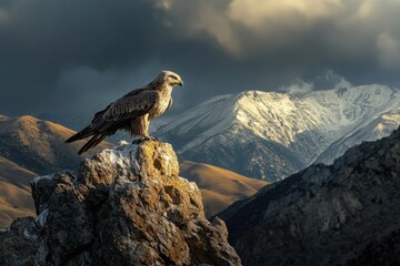 Fototapeta premium A majestic eagle perched atop a rocky outcrop, overlooking a snow-capped mountain range under a dramatic sky.