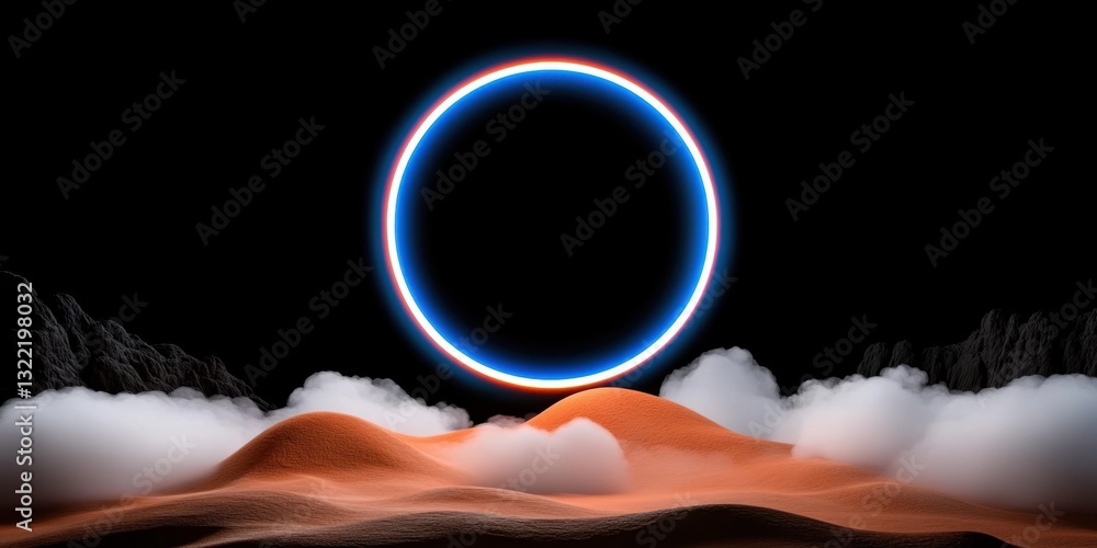 Poster abstract neon-white lightning circle hovering in a misty void. pulsating with energy.