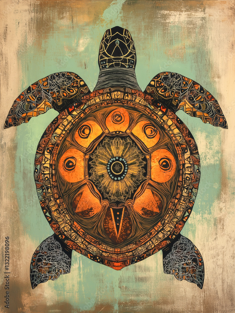 Poster intricately designed turtle artwork with vibrant colors and detailed patterns