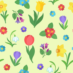 Spring flowers seamless pattern. Colorful repeat design tile. Cartoon botany vector illustration. Springtime blossom background. Garden plants - tulip, bloom, daffodil, crocus. Bright textile print.