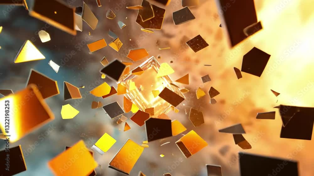 Poster Abstract cubic forms create a dynamic explosion of light and texture in a vibrant digital space, Abstract cubic forms explode across the frame