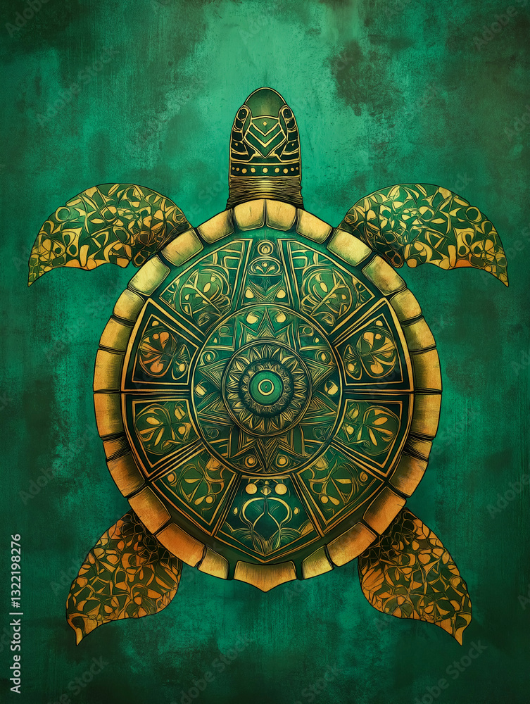 Poster Artistic depiction of a turtle showcasing intricate patterns with a vibrant green background