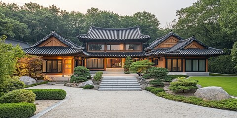 Obraz premium Luxurious traditional style Asian house surrounded by beautiful landscaping