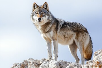 Naklejka premium Majestic Wolf Standing on Rocky Outcrop in Natural Habitat