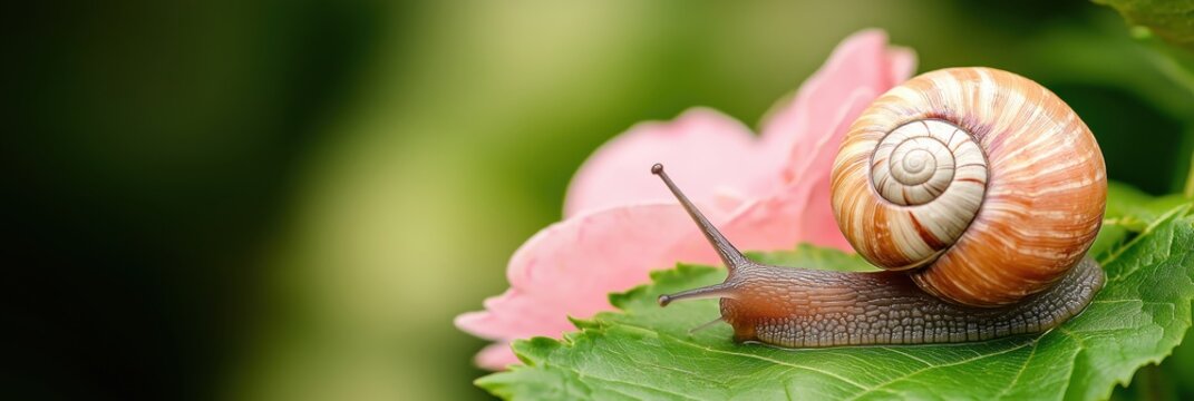 A beautiful snail rests on a vibrant green leaf beside a delicate flower, highlighting the intricate patterns of its shell against a colorful nature backdrop.