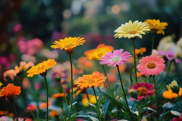 Fototapeta premium Colorful wildflowers and blooms growing in a tranquil flower garden scene