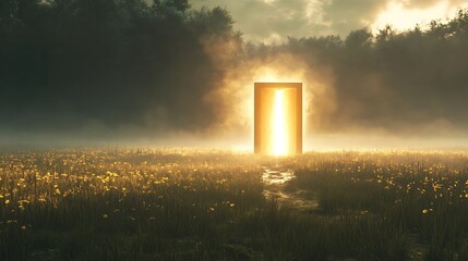A radiant doorway appearing at the edge of a foggy meadow