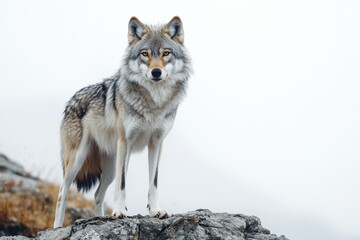 Majestic Wolf Standing on Rocky Terrain in Foggy Environment