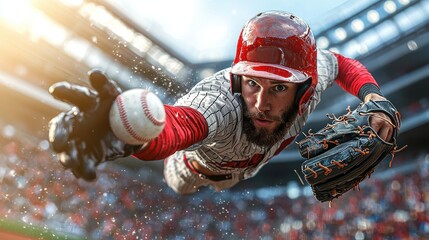 A baseball player is in mid air, reaching for a ball