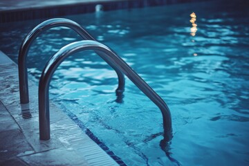 Obraz premium Stainless steel pool ladder with rippling water at sunset reflection