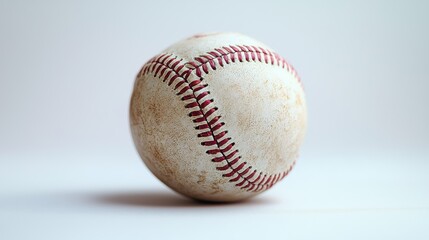 A baseball is sitting on a white surface