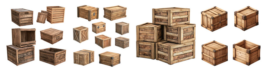 Various Wooden Crates and Boxes for Storage and Decoration Use, PNG bundle collection, Isolated on Transparent Background