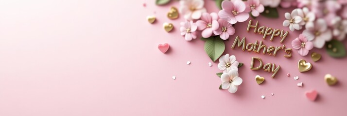 mothers day website banner, a touching mothers day website banner with d flowers, a gold happy mothers day script, and floating hearts on a pastel background ideal for promotions