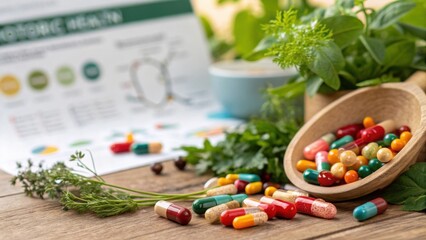 Colorful probiotic capsules spilling from a container in a close-up shot.