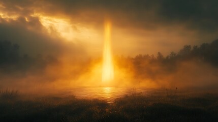 A radiant golden fountain standing in the center of a misty meadow