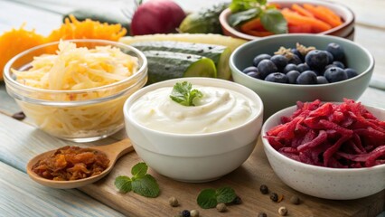 Close-up of probiotic-rich foods like yogurt and more.