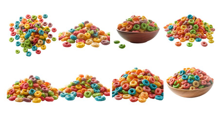 Fototapeta premium Colorful Cereal Varieties with Bowls and Piles of Sweet Rings, PNG bundle collection, Isolated on Transparent Background