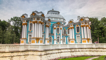 Hermitage pavilion timelapse hyperlapse in Catherine park in Tsarskoe Selo near Saint Petersburg,...