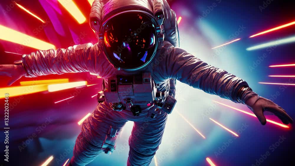 Poster astronaut in a spacesuit flying confidently through vibrant cosmic colors, vj of an astronaut in a s