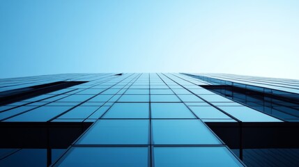 Glass facade of a skyscraper reflecting the clear blue sky, creating a seamless transition from architecture to atmosphere.