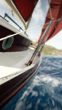 Close up vertical angle footage of a sailboat moving in the sea. Aegean Sea, Turkey