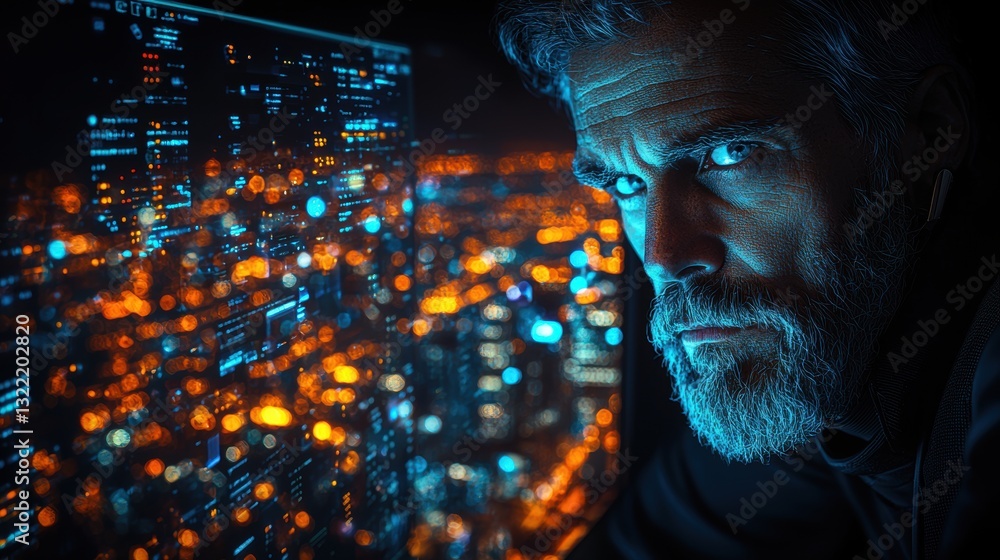 Aufkleber a man is staring at a computer screen with a city view in the background