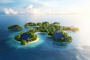 Fototapeta premium Innovative solar-powered islands emerge as a sustainable paradise in clear blue waters under the soft morning light
