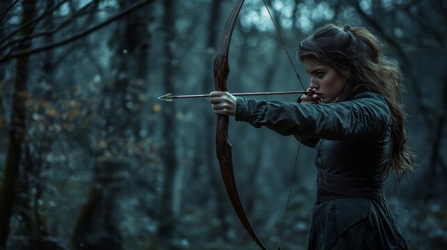 A focused archer, poised and determined in a misty forest, aims her arrow, representing precision, strength, and a connection with nature.
