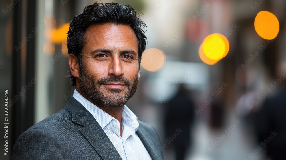 Poster a man in a suit and tie is standing in front of a building