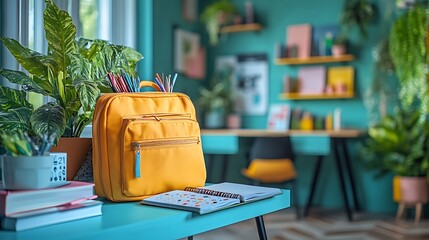A bright and playful study area with an open backpack spilling out books and stationery
