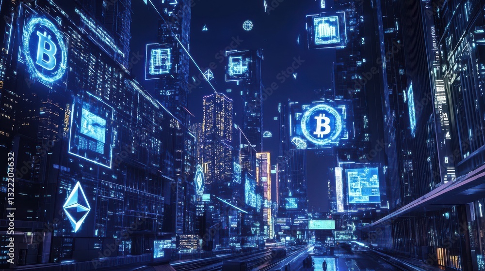 Poster a futuristic cityscape with holographic cryptocurrency symbols and blockchain networks projected ont
