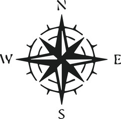 Fototapeta premium Compass icon. Monochrome navigational compass with cardinal directions of North, East, South, West. Geographical position, cartography and navigation. Vector