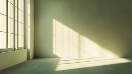 Fototapeta premium Sunlight streams through tall windows, casting sharp, angular shadows on a bare wall, creating a peaceful and introspective indoor setting.