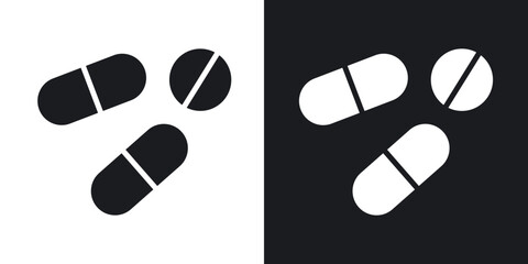 Medicine pills icons in solid black and white collection