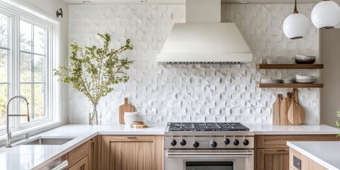 A modern and well designed kitchen with a stove and vent hood