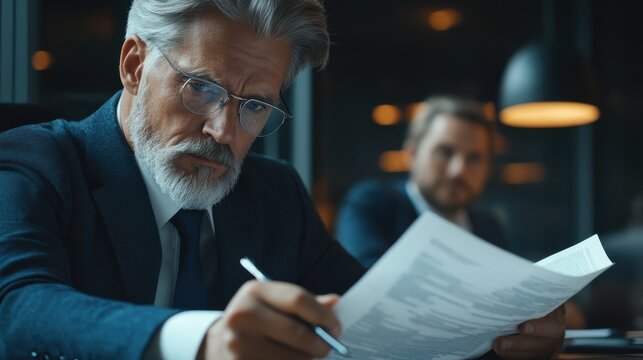 Focused doubtful mature businessman reading contract document thinking considering risks with professional lawyers legal experts executive team analyzing financial report sitting at office table.