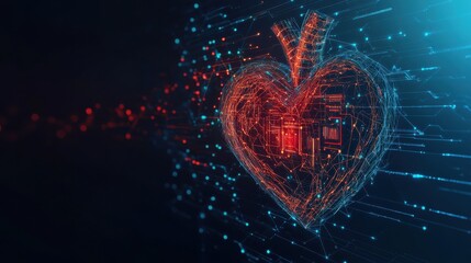 Fototapeta premium Artificial intelligence (AI) is represented by a heart shape combined with a circuit board, set against a futuristic digital background.low poly digital wireframe.