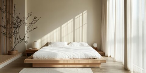 A serene bedroom with neutral tones and natural lighting